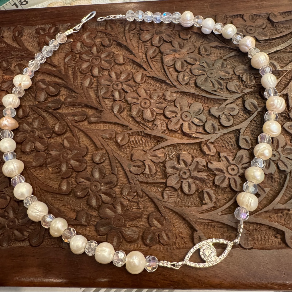 Handmade Freshwater Pearl & Crystal Evil Eye Necklace
